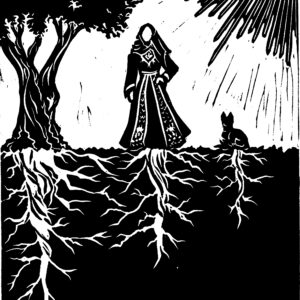 black and white linocut print showing an olive tree, Palestinian woman, and cat rooted into the soil, with the word "sumud" (steadfastness), written in Arabic